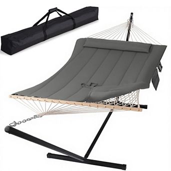 Dark Gray Double Outdoor Hammock with 12-Foot Stand, Cotton Rope Design, Polyester Pad, Two-Person