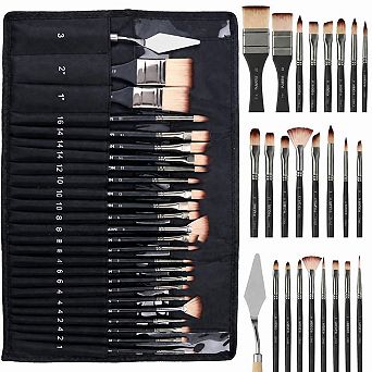 26 pc Paint Brush Set with Palette Knife and Nylon Roll for Acrylic and Oil