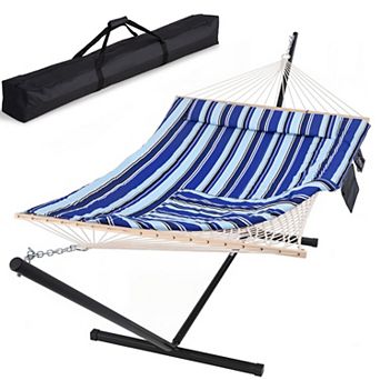 Two Person Cotton Rope Hammock with 12 Ft Steel Stand, Carrying Bag, Blue Stripe