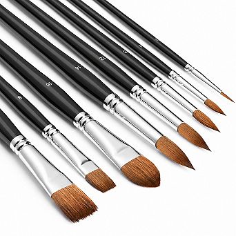 8 pc Sable Paint Brush Set with Flat Round and Cat Tongue Shapes for Watercolor Acrylic