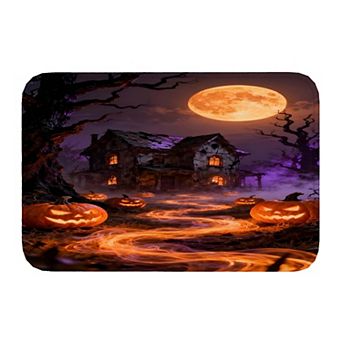 Halloween Haunted House Pumpkin Scene Floor Mat, Soft Non-Slip Decorative Entry Rug