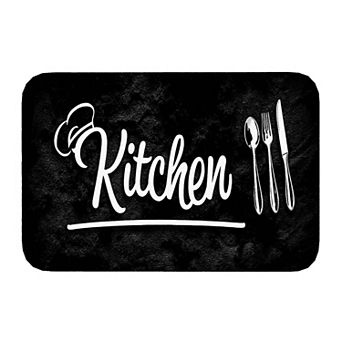 Black Kitchen Utensil Print Floor Mat, Soft Non-Slip Decorative Entry Rug
