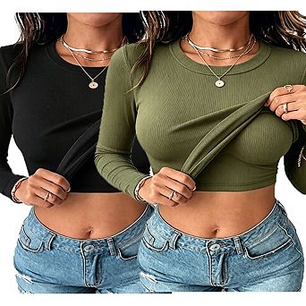 Women's Ribbed Long Sleeve Crew Neck Crop Top 2 Pack, Slim Fit Basic Stretch Casual Tees