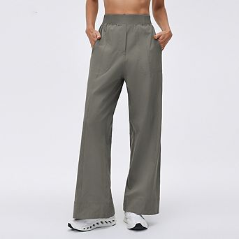 Women Elastic High Waist Wide Leg Casual Pull‑On Pants with Pockets