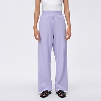Women Elastic High Waist Wide Leg Casual Pull‑On Pants with Pockets