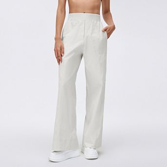 Women Elastic High Waist Wide Leg Casual Pull‑On Pants with Pockets