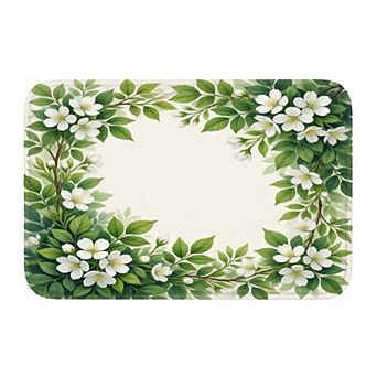 White Jasmine Green Leaf Wreath Floor Mat, Soft Non-Slip Decorative Entry Rug