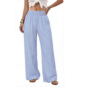 Women Smocked High Waist Wide Leg Casual Pants With Pockets