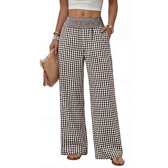 Women Smocked High Waist Wide Leg Casual Pants With Pockets