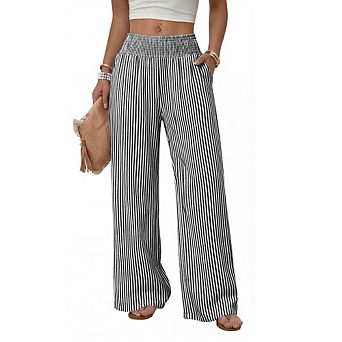 Women Smocked High Waist Wide Leg Casual Pants With Pockets
