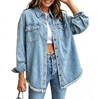 Oversized Frayed Hem Denim Shirt Jacket, Women's Casual Collared Jean Shacket