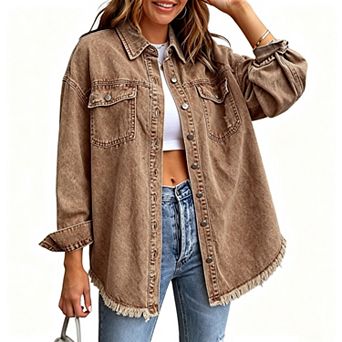 Oversized Frayed Hem Denim Shirt Jacket, Women's Casual Collared Jean Shacket