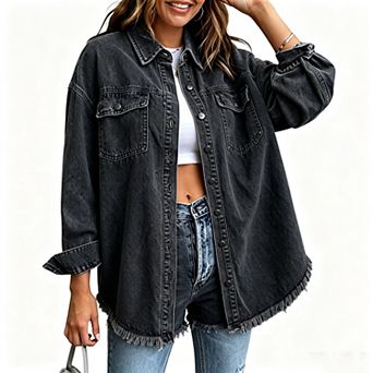 Oversized Frayed Hem Denim Shirt Jacket, Women's Casual Collared Jean Shacket
