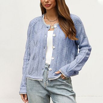 Women's Openwork Knit Button Front Cardigan, Contrast Trim Long Sleeve Sweater