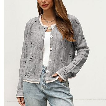 Women's Openwork Knit Button Front Cardigan, Contrast Trim Long Sleeve Sweater
