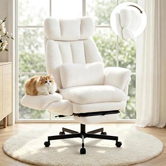 Vabches Teddy Fabric Reclining Office Chair with Footrest and Adjustable Arms