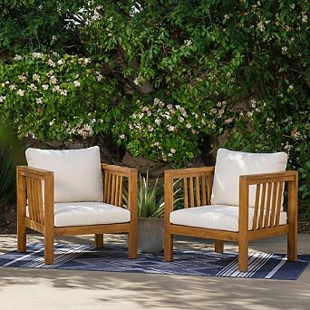 Set of 2 Outdoor Acacia Wood Club Chairs with Gray Cushions & Square Arms