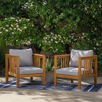 Set of 2 Outdoor Acacia Wood Club Chairs with Gray Cushions & Square Arms