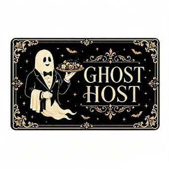 Halloween Ghost Host Flannel Carpet, Indoor Outdoor Rug with Cute Waiter Ghost Candy Bat Pattern