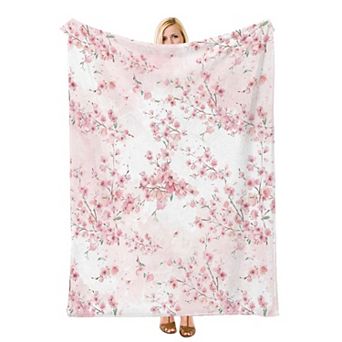 Watercolor Pink Cherry Blossom Floral, Printed Flannel Throw Blanket Soft Cozy Blanket for Couch