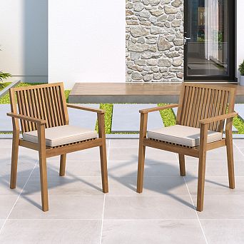 Set of 2 Outdoor Dining Chairs with Beige Waterproof Cushions, Acacia Wood Patio Armchairs