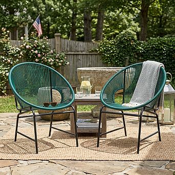 Set of 2 Outdoor Patio Teal PE Rattan Lounge Chairs with Iron Frame