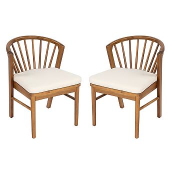 Set of 2 Light White Acacia Wood Outdoor Patio Dining Chairs with Cream Washable Cushions