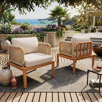 Set of 2 Outdoor Acacia Wood & Rope Club Chairs with Beige Cushions