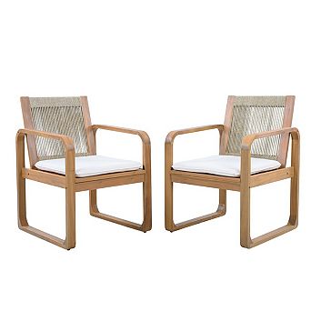 Set of 2 Acacia Wood Outdoor Patio Dining Chairs with Cushions and Rope Back