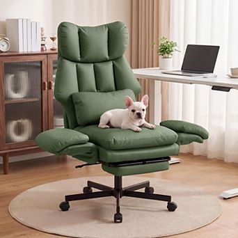Vabches Faux Leather Big and Tall Reclining Office Chair with Footrest and Flip Armrests