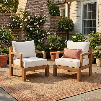 Set of 2 Acacia Wood Outdoor Patio Club Chairs with Beige Water-Repellent Cushions
