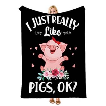 Cute Pink Floral Pig Cartoon, Printed Flannel Throw Blanket Soft Cozy Blanket for Bed