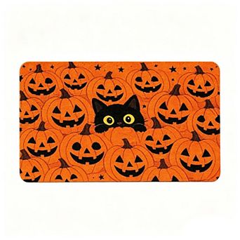 Black Cat And Pumpkin Print Carpet Flannel Material Suitable for Doorway Bedroom Living Room Or Home