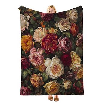 Dark Vintage Mixed Rose Floral, Printed Flannel Throw Blanket Soft Cozy Blanket for Sofa