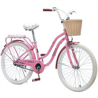24" Cruiser Bike for Girls - Single Speed Commuter Bicycle, Carbon Steel, Wicker Basket & Rear Rack