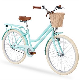 24" Bike with Basket - Steel Frame, Height-Adjustable Seat,Front V Brake Rear Coaster Brakes for 10+
