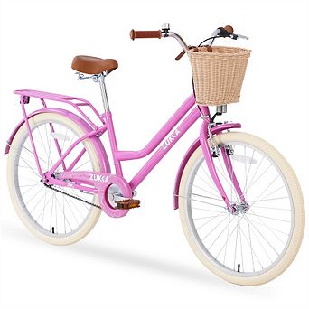 24" Bike with Basket - Steel Frame, Height-Adjustable Seat,Front V Brake Rear Coaster Brakes for 10+