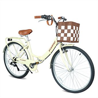 26" Folding City Bike - 7 Speeds, Detachable Basket and Cup Holder, Steel Frame, V-Brakes,