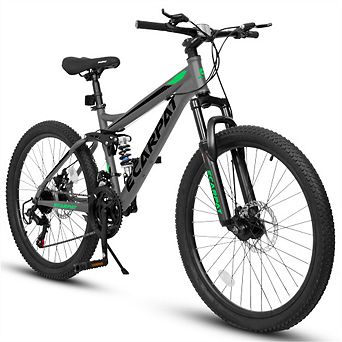 24" Mountain Bike with Full Suspension - 21-Speed Shifter, High Carbon Steel, Disc Brakes, Unisex