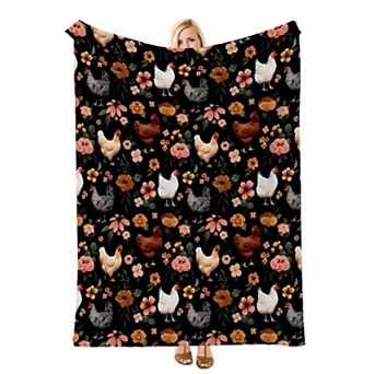 Floral Chicken Black Background, Printed Flannel Throw Blanket Soft Cozy Blanket for Couch