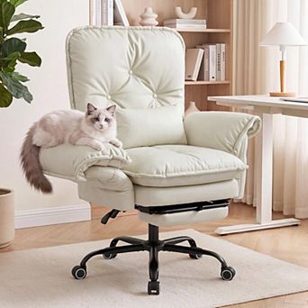 Vabches Upholstered Office Chair with Footrest, Wide Seat Faux Leather Desk Chair with Flip Up Arms