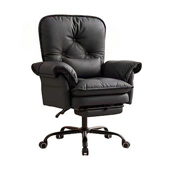 Vabches Upholstered Office Chair with Footrest, Wide Seat Faux Leather Desk Chair with Flip Up Arms