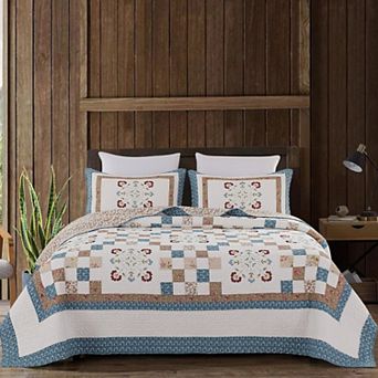 Cotton Patchwork Quilt Set with Embroidery and Washed Finish
