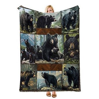 Patchwork Forest Black Bear Family, Printed Flannel Throw Blanket Soft Cozy Blanket for Sofa