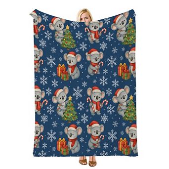 Navy Xmas Koala Snowflake Floral, Printed Flannel Throw Blanket Soft Cozy Blanket for Couch