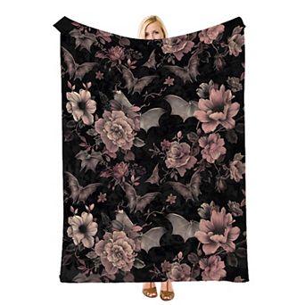 Dark Pink Floral Bat, Printed Flannel Throw Blanket Soft Cozy Blanket for Sofa