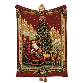 Red Frame Santa Sleigh Xmas Scene, Printed Flannel Throw Blanket Soft Cozy Blanket for Couch