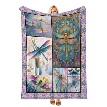 Patchwork Watercolor Dragonfly, Printed Flannel Throw Blanket Soft Cozy Blanket for Couch