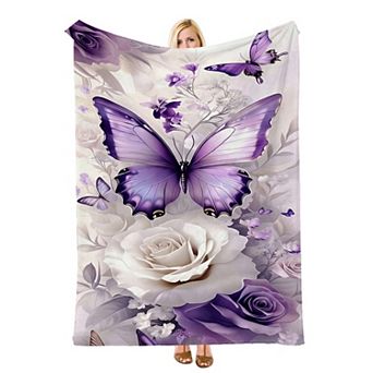 Purple Rose Butterfly Floral, Printed Flannel Throw Blanket Soft Cozy Blanket for Bedroom