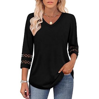 3/4 Sleeve Womens Tops Dressy Casual Blouses V Neck T Shirts Summer Clothes